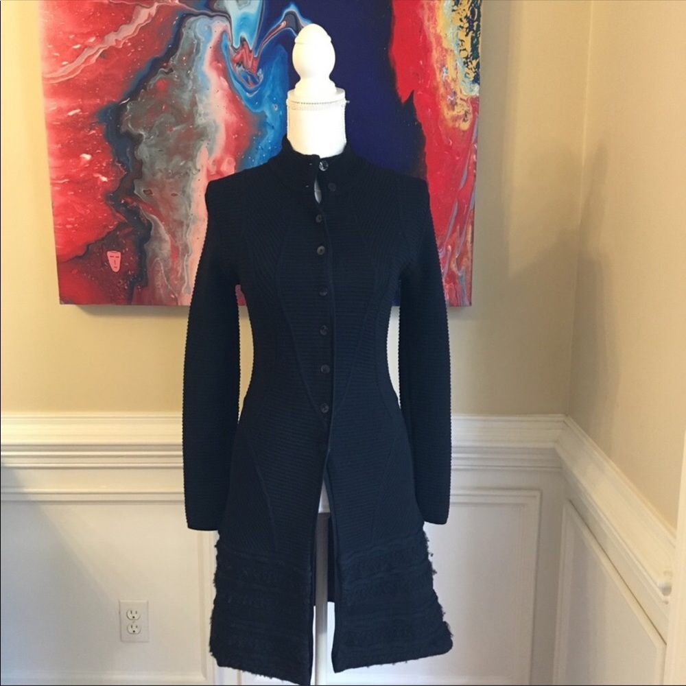 - Antonio Melani Coat midi button front excellent dark navy long beautiful!